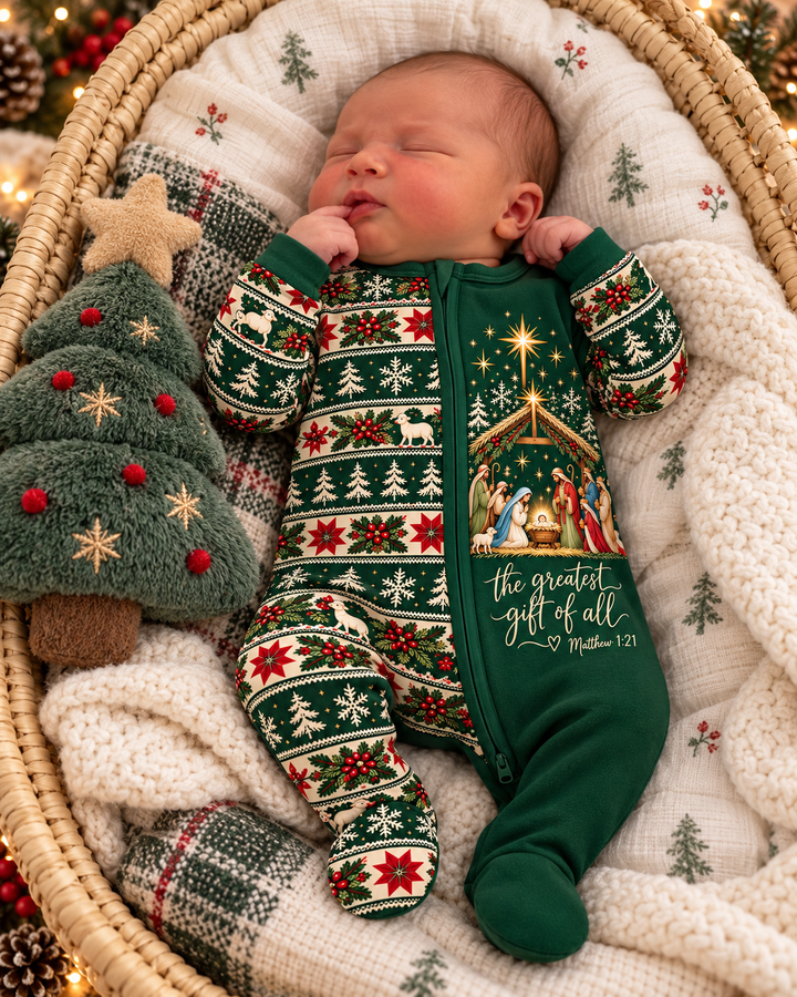 The Greatest Gift of All Nativity Christmas Bamboo Zippered Footie Romper