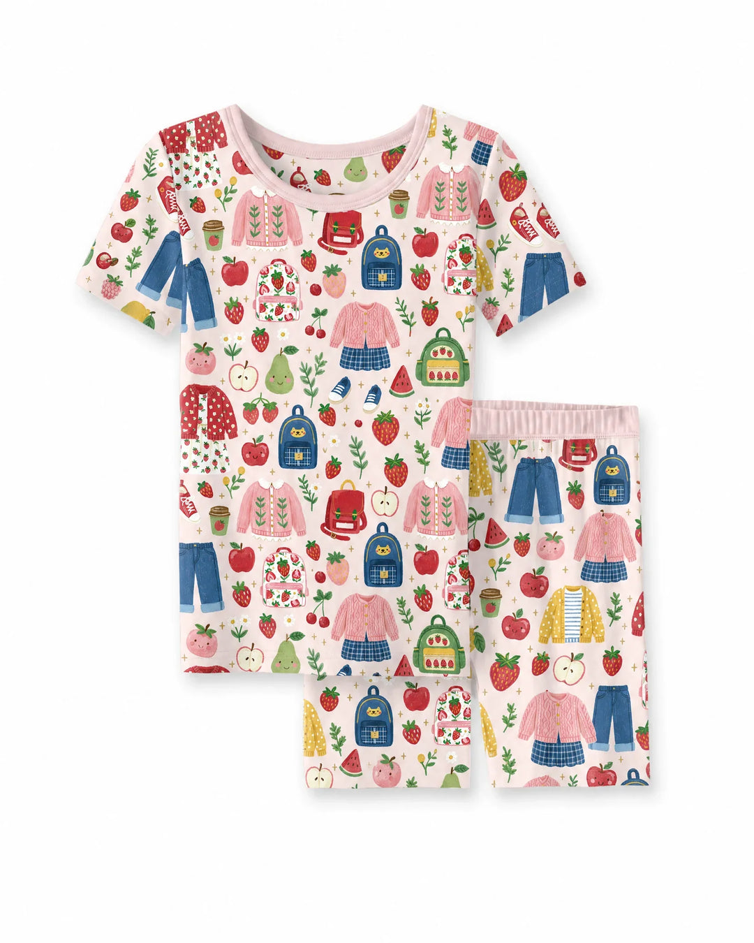 Strawberry School Style Bamboo Two Piece Short Sleeve Shorts Pajama Set