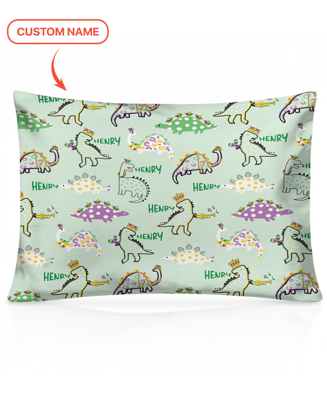 Custom Name Mardi Gras Saurus Pillow Case