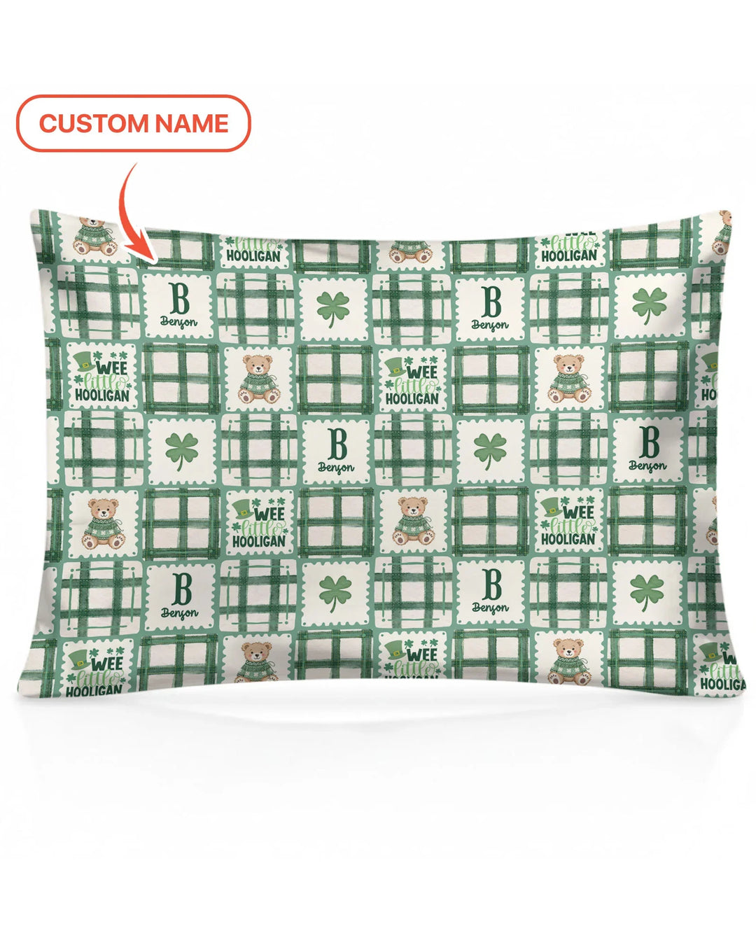 Custom Name Teddy Bear Gingham St. Patrick's Day Pillow Case