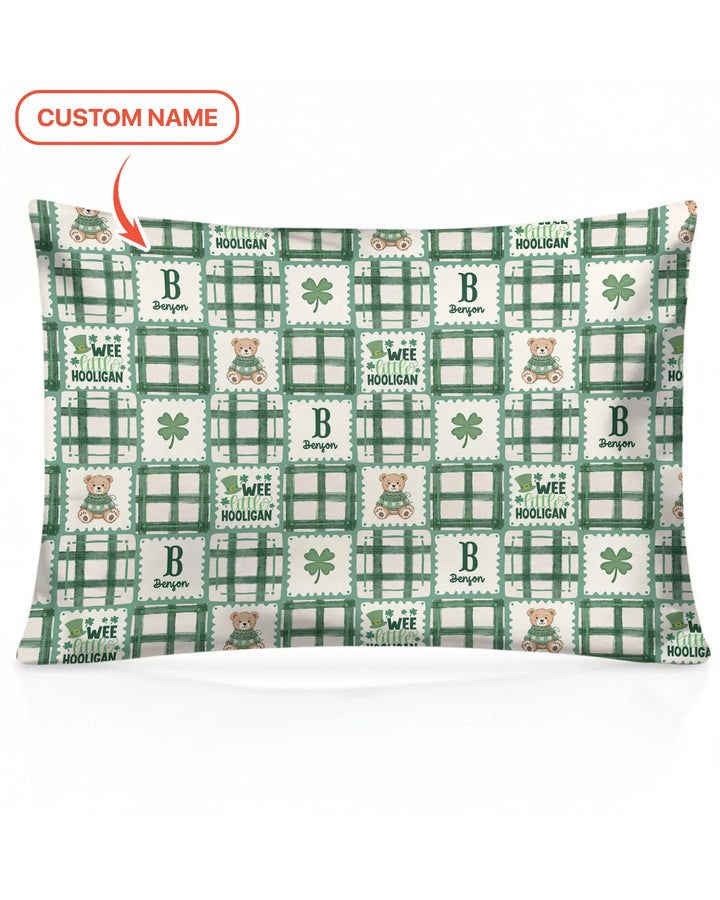 Custom Name Teddy Bear Gingham St. Patrick's Day Pillow Case