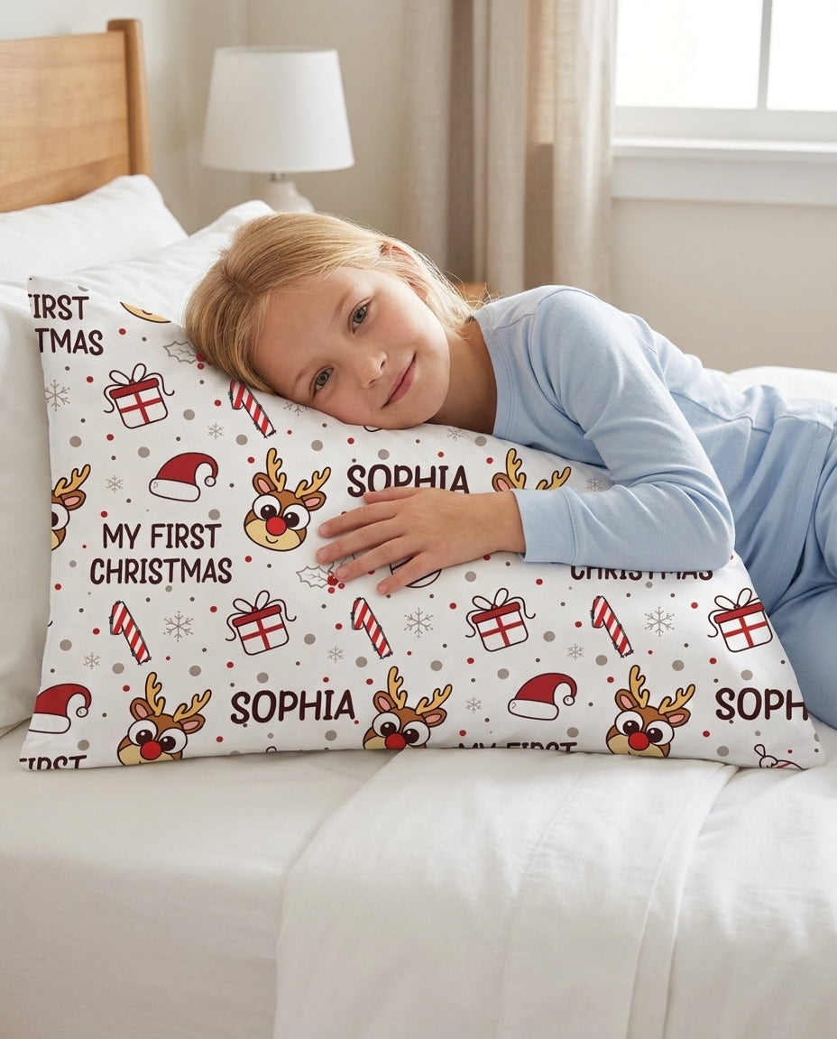 Custom Name Reindeer Doodle My First Christmas Bamboo Pillow Case