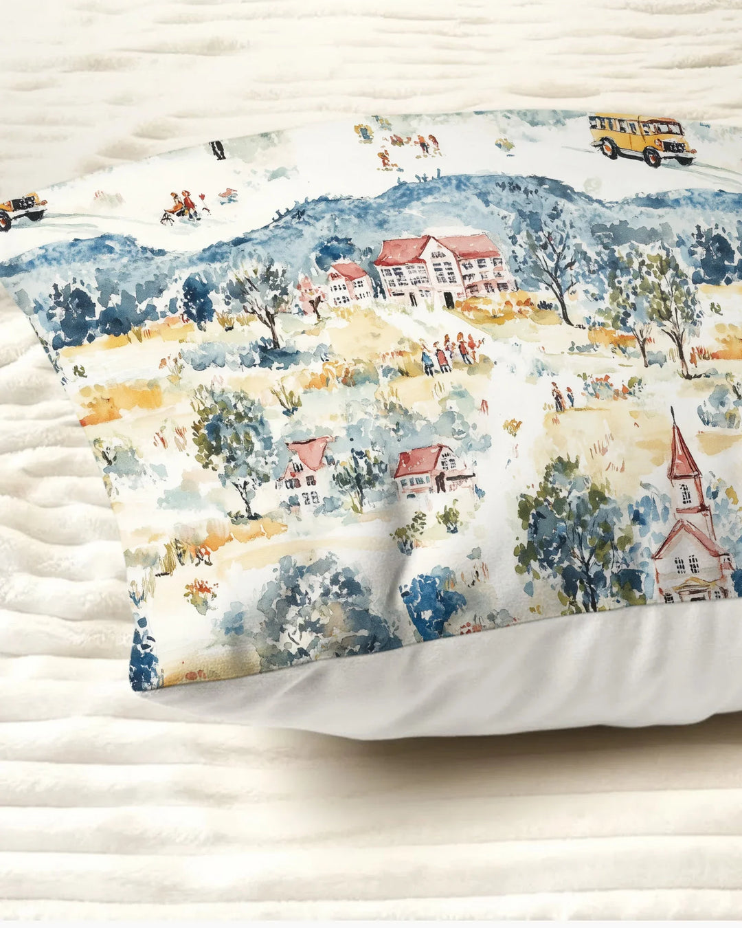 Whimsical Watercolor School Village Bamboo Pillow Case