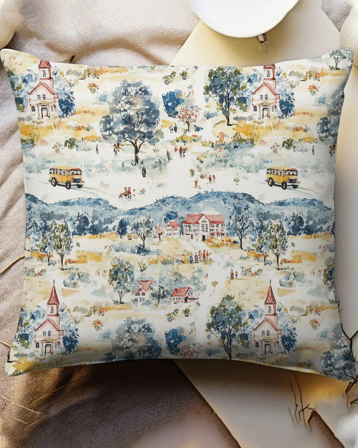 Whimsical Watercolor School Village Bamboo Pillow Case