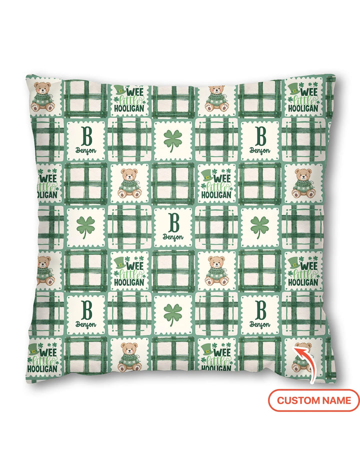 Custom Name Teddy Bear Gingham St. Patrick's Day Pillow Case
