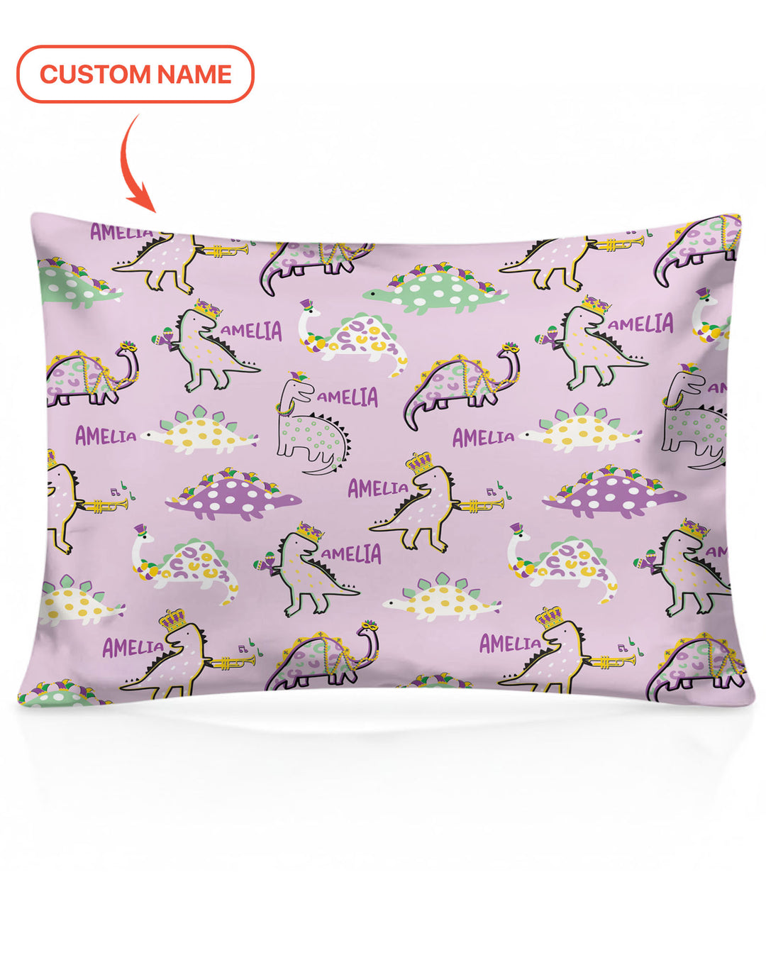 Custom Name Mardi Gras Saurus Pillow Case