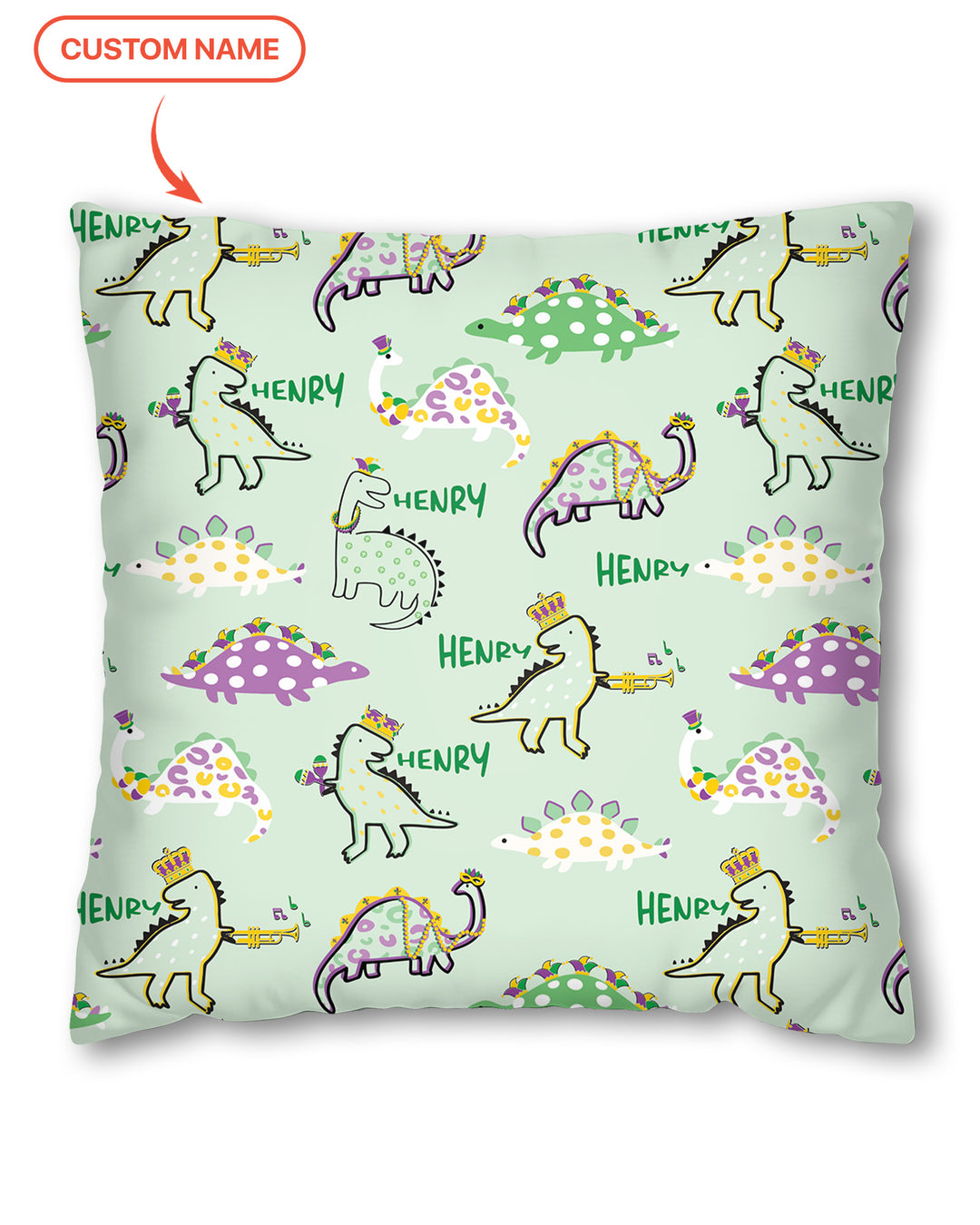 Custom Name Mardi Gras Saurus Pillow Case