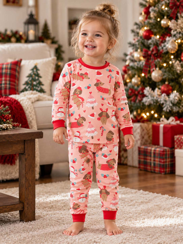 Pink Dachshund Christmas Wonderland Bamboo Two Piece Long Sleeve Pajama Set
