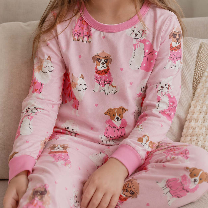 Pink Fashion Dogs Bamboo Two Piece Long Sleeve Pajama Set