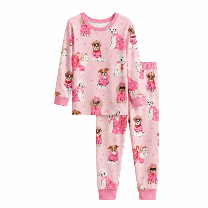 Pink Fashion Dogs Bamboo Two Piece Long Sleeve Pajama Set