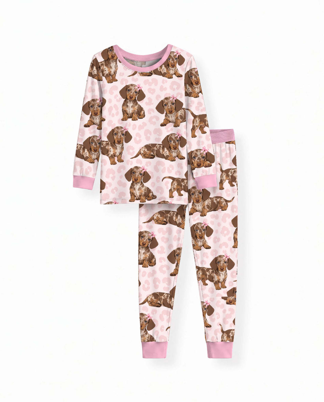 Pink Leopard Dachshund Girls Bamboo Two Piece Long Sleeve Pajama Set