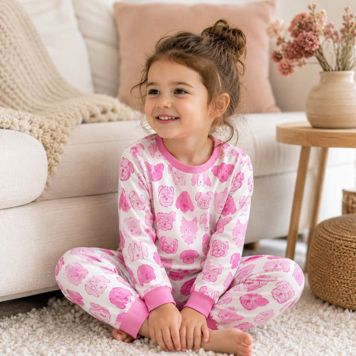 Pink Puppy Faces Bamboo Two Piece Long Sleeve Pajama Set