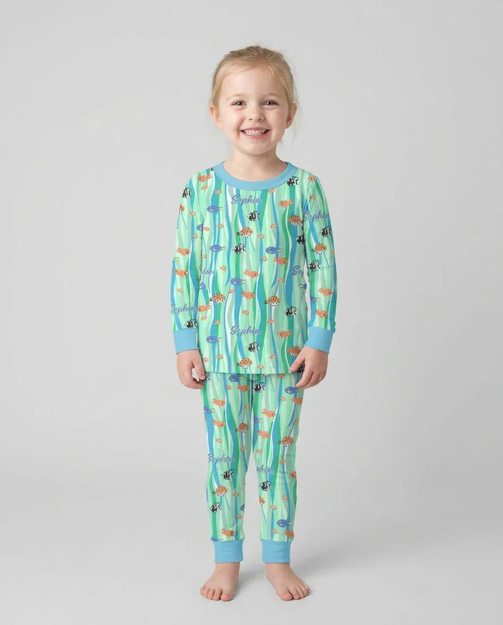 Custom Name Summer Beach Bamboo Two Piece Long Sleeve Pajama Set