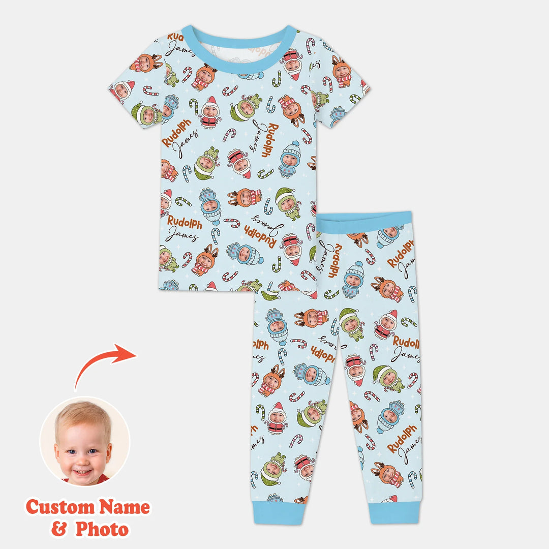 Custom Baby Photo Christmas BearTwo Piece Short Sleeve Pajama Set