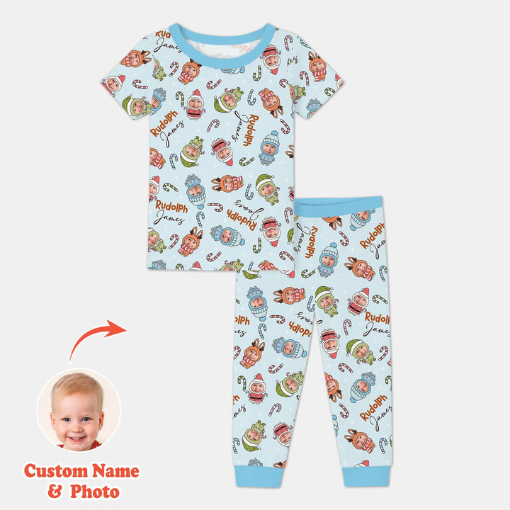 Custom Baby Photo Christmas BearTwo Piece Short Sleeve Pajama Set