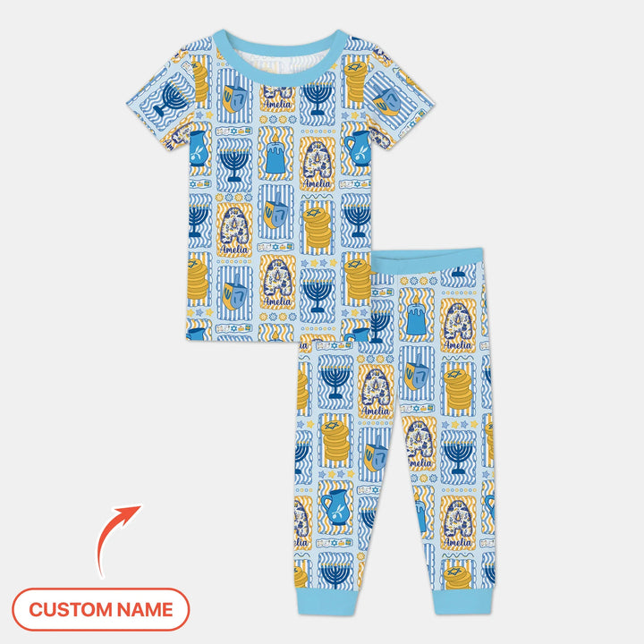 Custom Name Hanukkah Wonderland Two Piece Short Sleeve Pajama Set