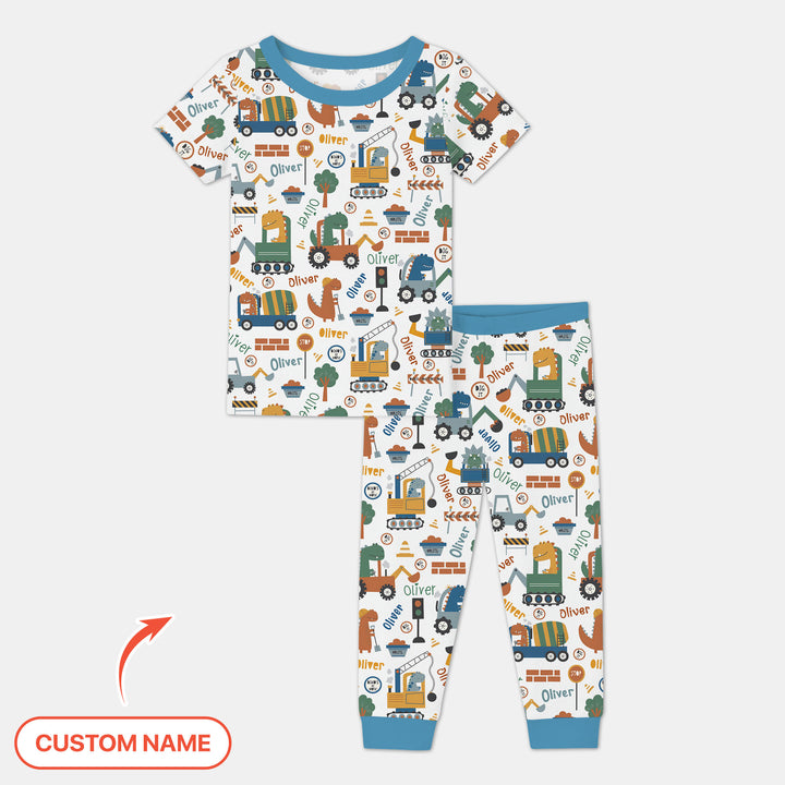 Custom Name Dino Diggers Two Piece Short Sleeve Pajama Set
