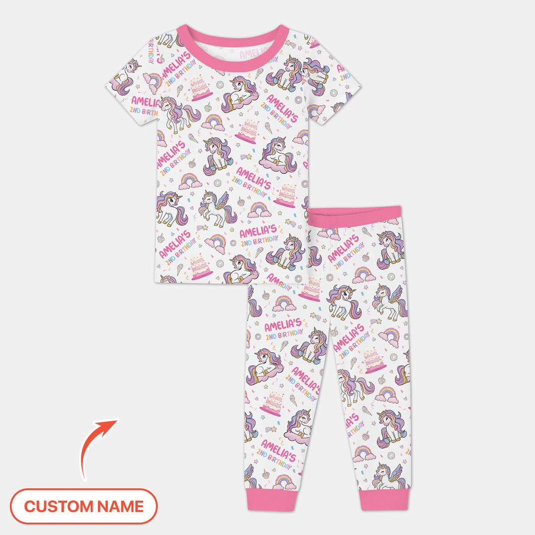Custom Name Little Unicorn's Birthday Two Piece Short Sleeve Pajama Set