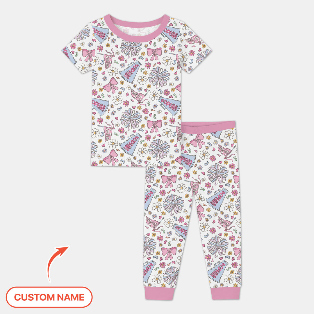 Custom Name Pastel Cheerleader Two Piece Short Sleeve Pajama Set