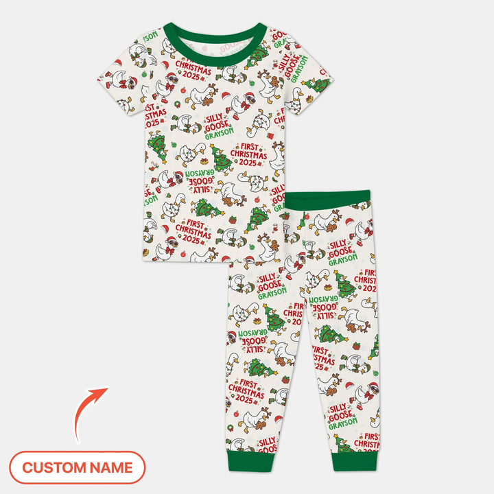 Custom Name "Silly Goose" Two Piece Short Sleeve Pajama Set (Green) , Custom Name "Silly Goose" Two Piece Short Sleeve Pajama Set (Green) - 12-18M