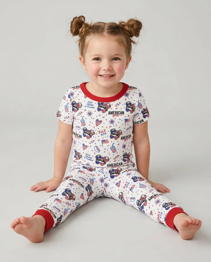 Doodle American Flag Glasses Family Matching Bamboo Two Piece Short Sleeve Pajama Set