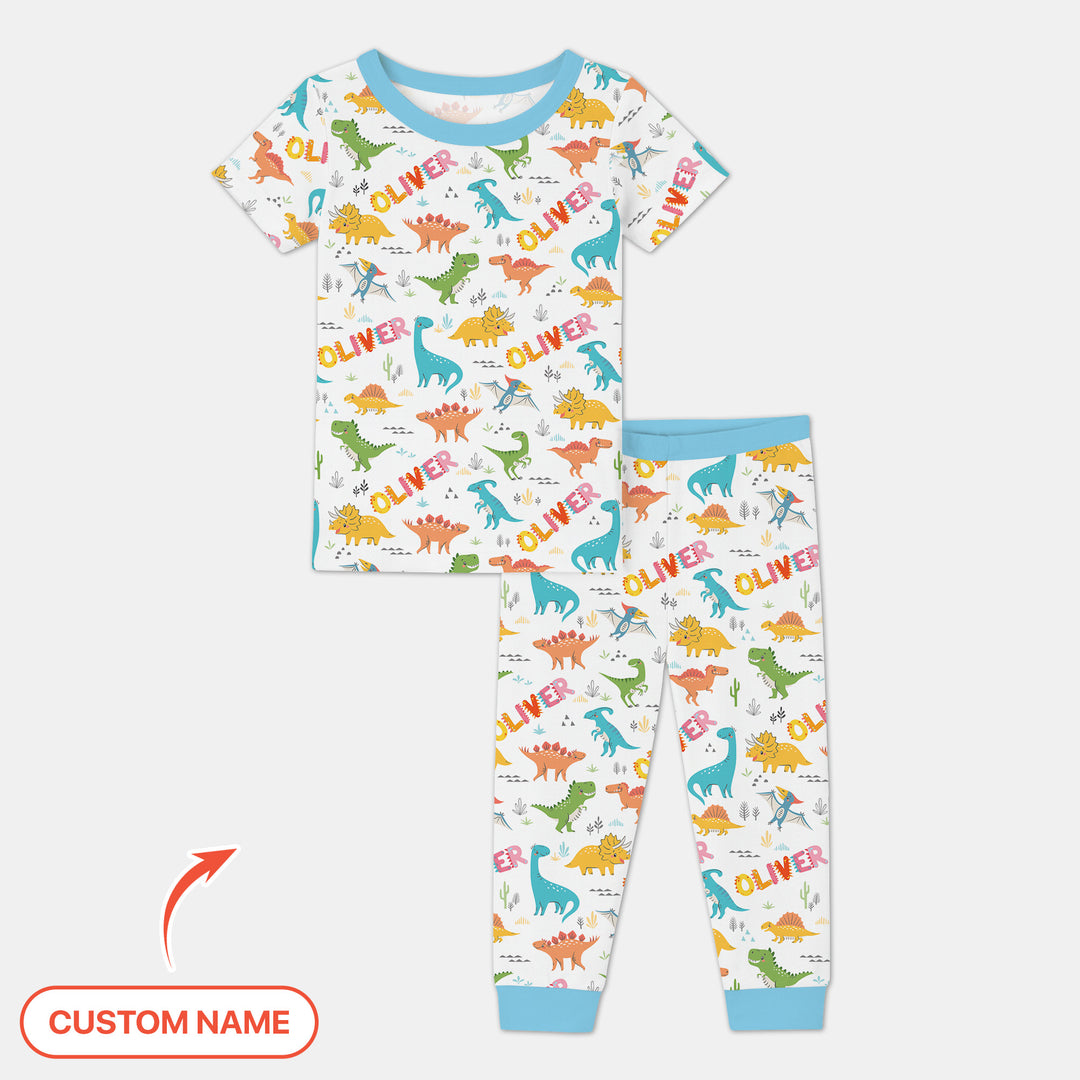 Dino Adventure Custom Name Two Piece Short Sleeve Pajama Set