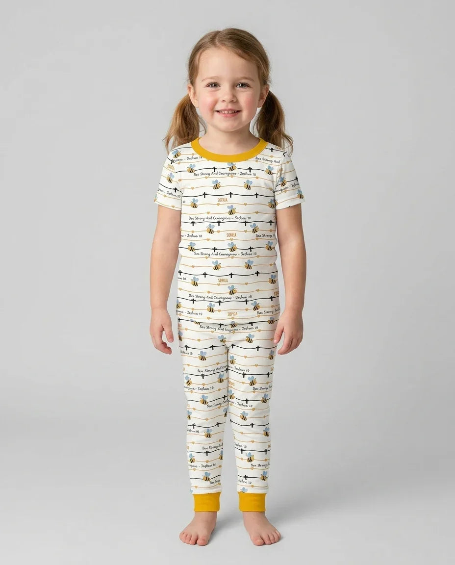 Bee Strong And Courageous Custom Name Bamboo Two Piece Short Sleeve Pajama Set