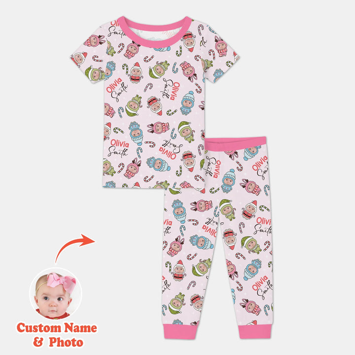 Custom Baby Photo Christmas BearTwo Piece Short Sleeve Pajama Set