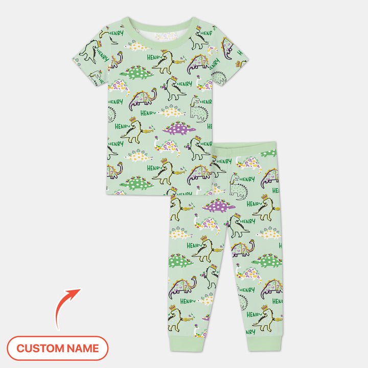 Custom Name Mardi Gras Saurus Two Piece Short Sleeve Pajama Set