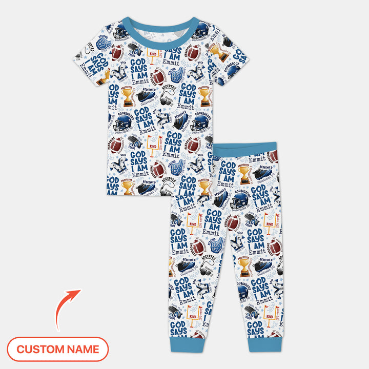 God Says I Am Touch Down Time Custom Name Two Piece Short Sleeve Pajama Set