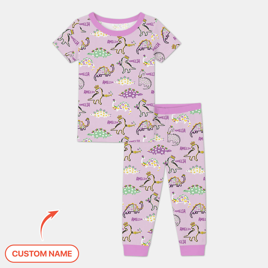 Custom Name Mardi Gras Saurus Two Piece Short Sleeve Pajama Set