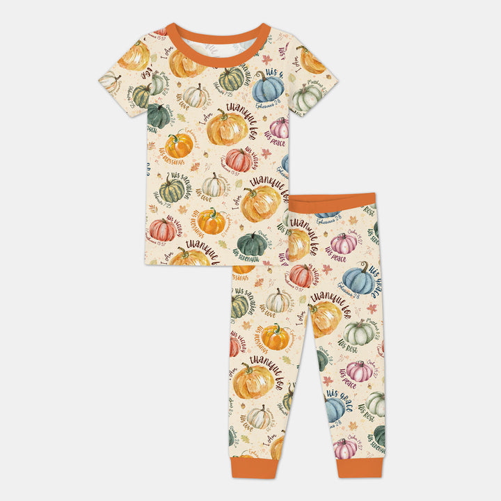 Christian Thanksgiving Two Piece Short Sleeve Pajama Set , Christian Thanksgiving Two Piece Short Sleeve Pajama Set - 12-18M / Vibrant Orange