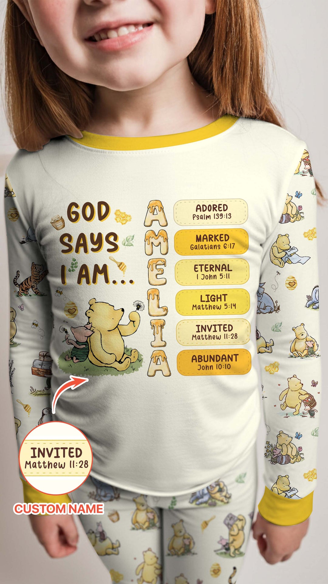 Personalized God Says I Am – Beloved Bear Bamboo Two Piece Long Sleeve Pajama Set