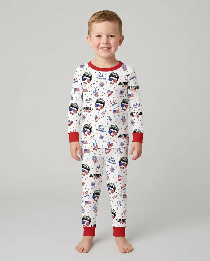 Doodle American Flag Glasses Family Matching Bamboo Two Piece Long Sleeve Pajama Set
