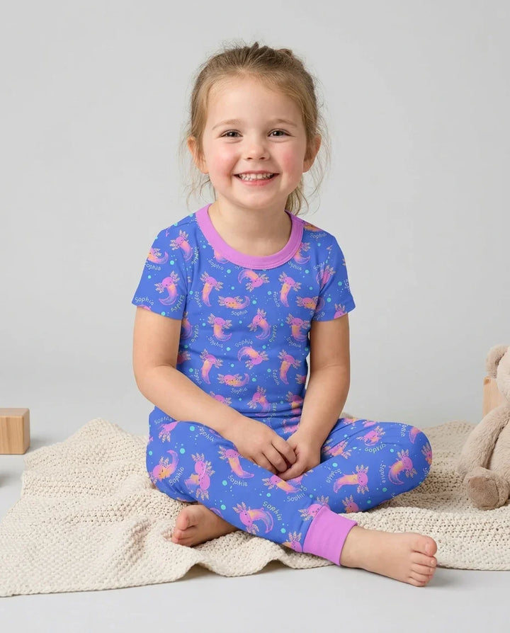 Axolotl Glow Custom Name Bamboo Two Piece Short Sleeve Pajama Set