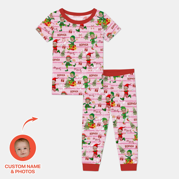Custom Photo Baby Christmas Elf Two Piece Short Sleeve Pajama Set