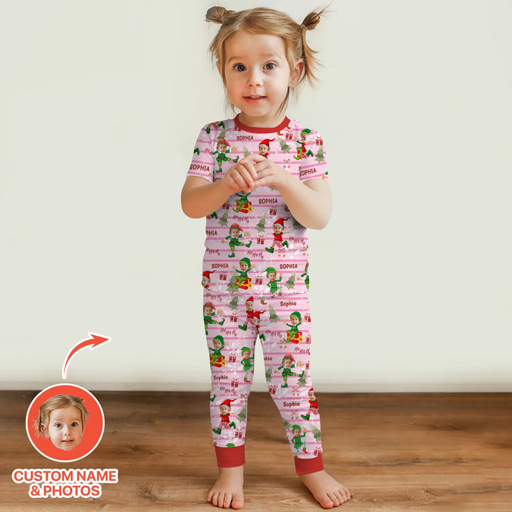 Custom Photo Baby Christmas Elf Two Piece Short Sleeve Pajama Set