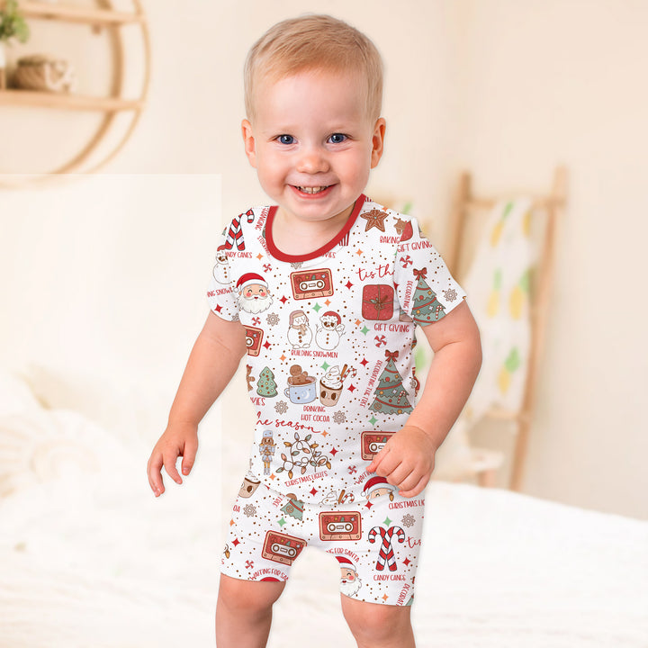 Retro Christmas Bucket List Two Piece Short Sleeve Shorts Pajama Set , Retro Christmas Bucket List Two Piece Short Sleeve Shorts Pajama Set - 12-18M