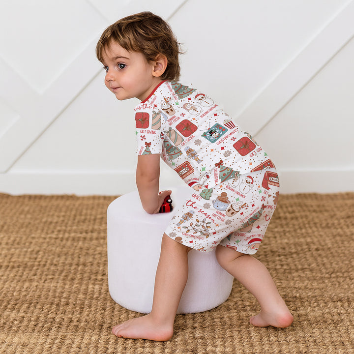 Retro Christmas Bucket List Two Piece Short Sleeve Shorts Pajama Set , Retro Christmas Bucket List Two Piece Short Sleeve Shorts Pajama Set - 12-18M