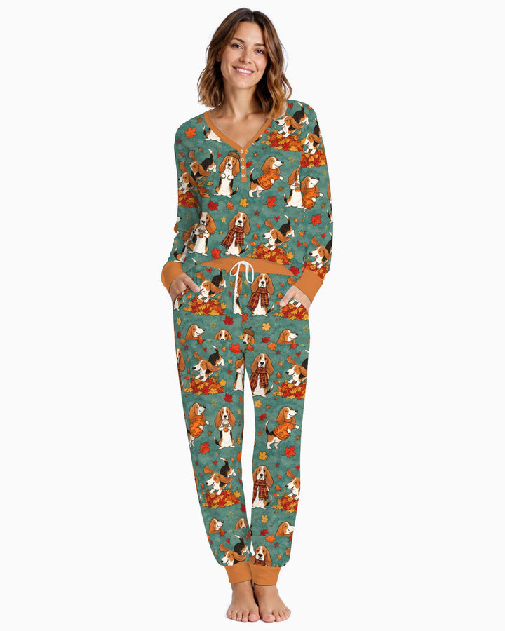 Playful Basset Hound Autumn Leaves Bamboo Women Pajama Set