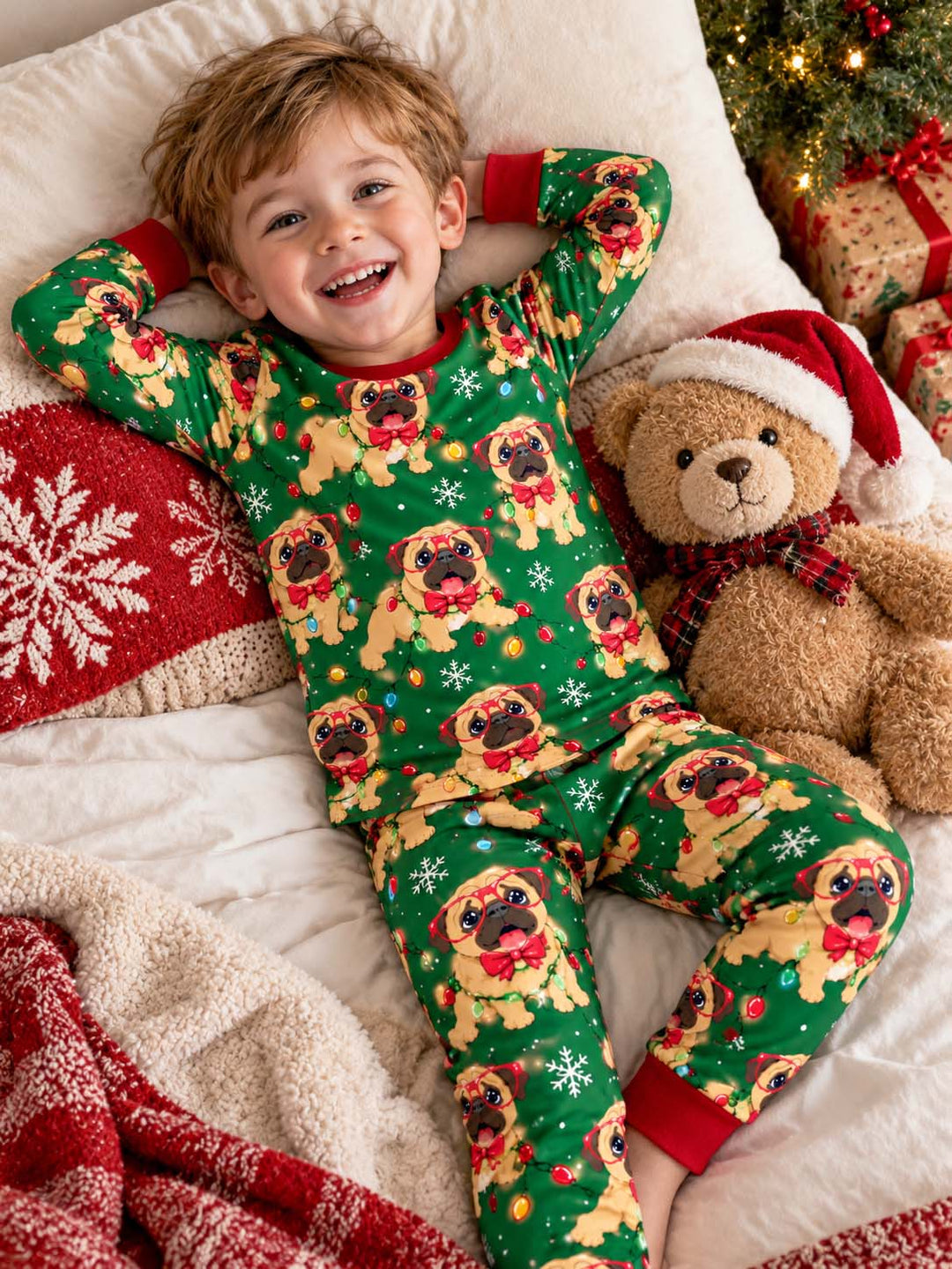 Pug Christmas Lights Bamboo Two Piece Long Sleeve Pajama Set