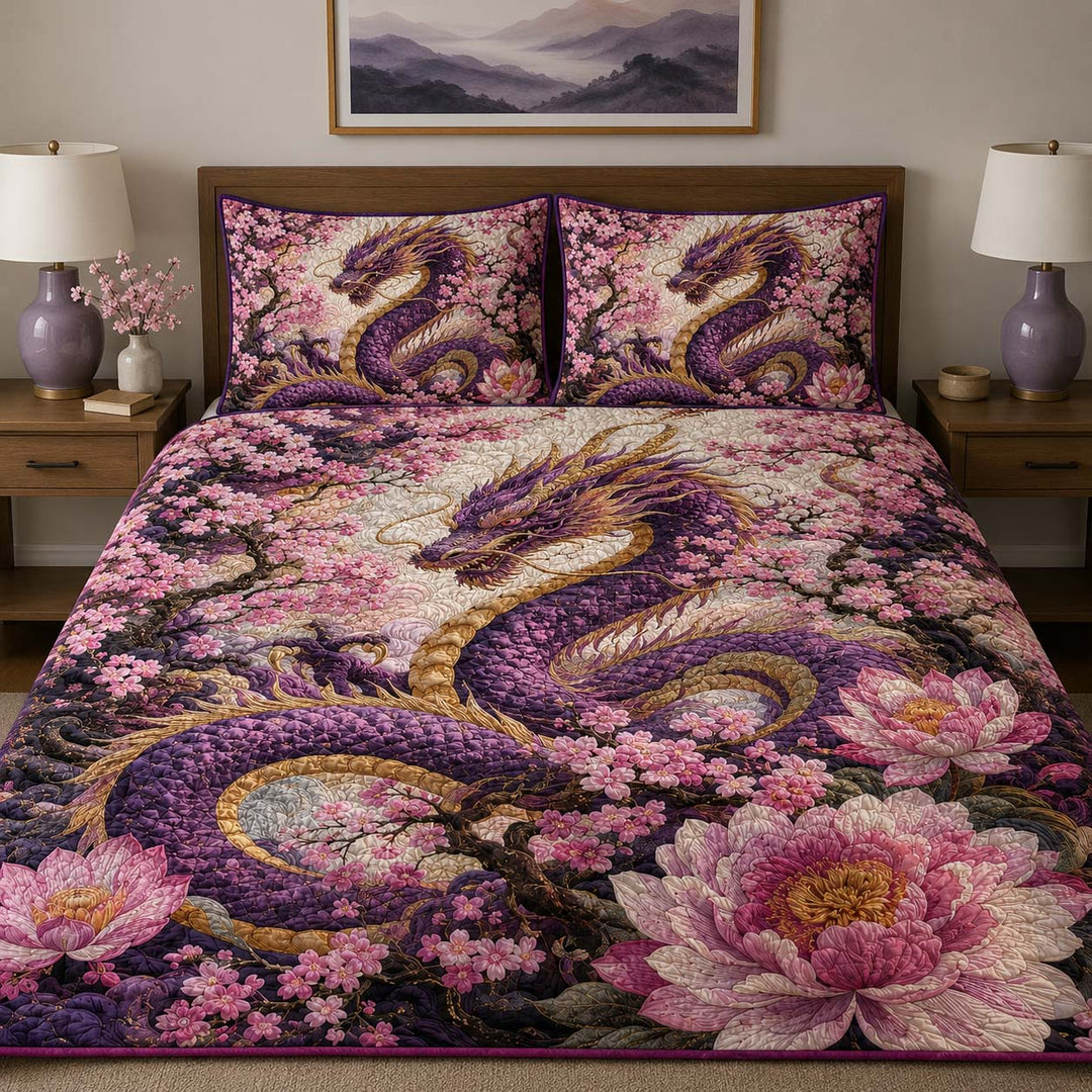 Purple Dragon Cherry Blossom Garden Bamboo Quilt Bedding Set