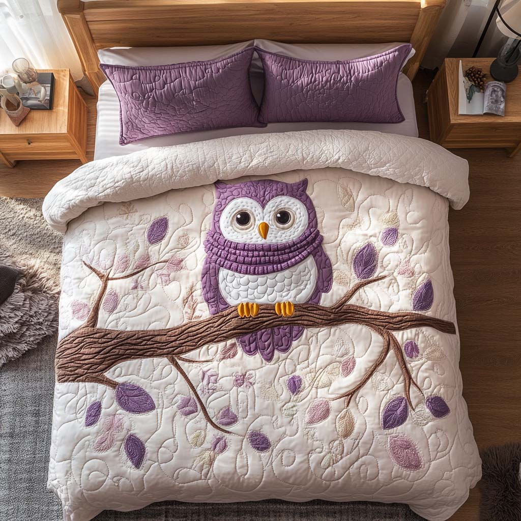 Purple Woodland Owl Bamboo Quilt Bedding Set