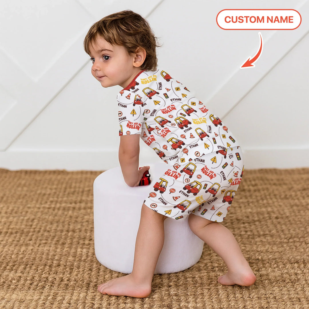 Custom Name They See Me Roliin' Two Piece Short Sleeve Shorts Pajama Set , Custom Name They See Me Roliin' Two Piece Short Sleeve Shorts Pajama Set - 12-18M