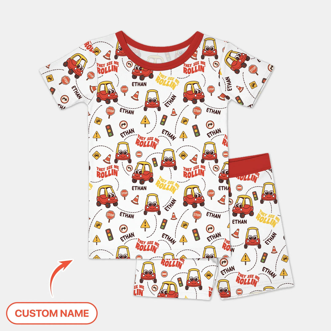 Custom Name They See Me Roliin' Two Piece Short Sleeve Shorts Pajama Set , Custom Name They See Me Roliin' Two Piece Short Sleeve Shorts Pajama Set - 12-18M
