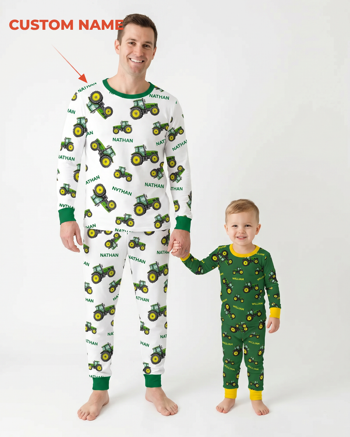 Custom Name Green Tractors Matching Daddy & Me Bamboo Men's Pajama Set