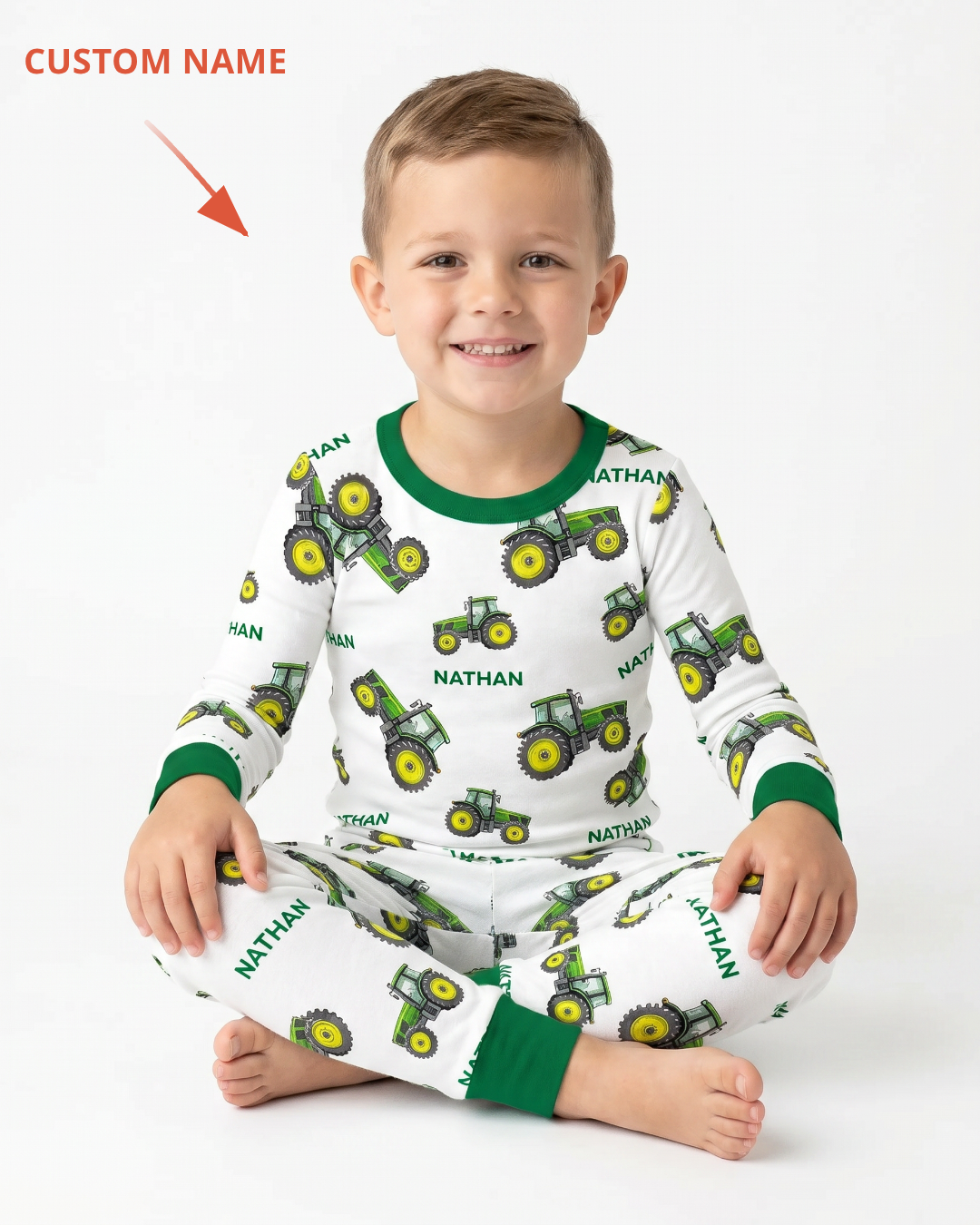 Custom Name Green Tractors Matching Daddy & Me Bamboo Two Piece Long Sleeve Pajama Set