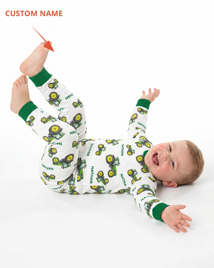 Custom Name Green Tractors Matching Daddy & Me Bamboo Two Piece Long Sleeve Pajama Set