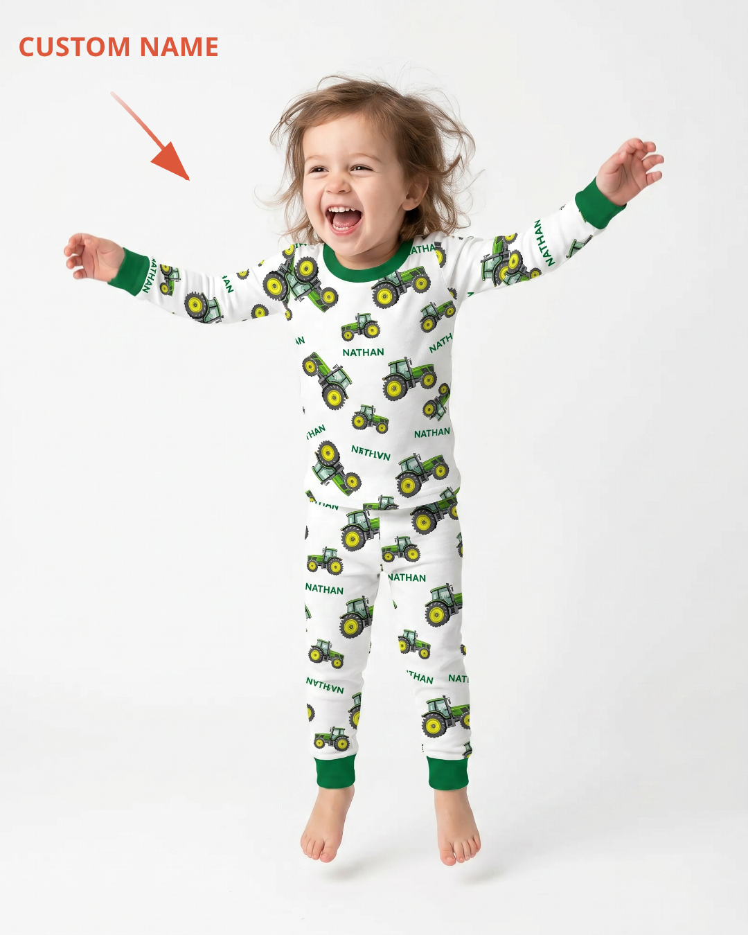 Custom Name Green Tractors Matching Daddy & Me Bamboo Two Piece Long Sleeve Pajama Set
