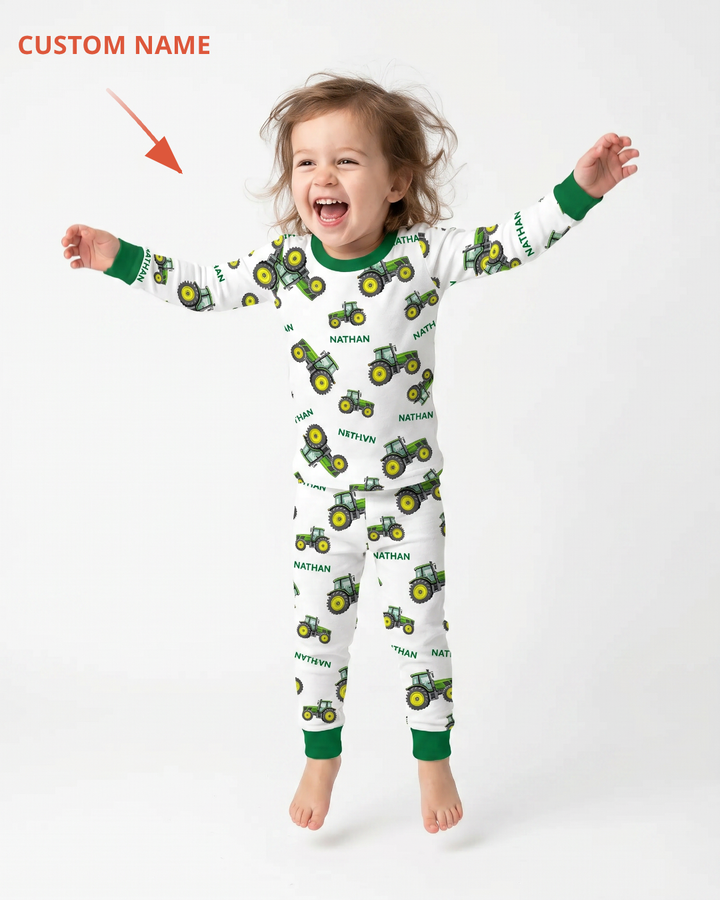 Custom Name Green Tractors Matching Daddy & Me Bamboo Two Piece Long Sleeve Pajama Set